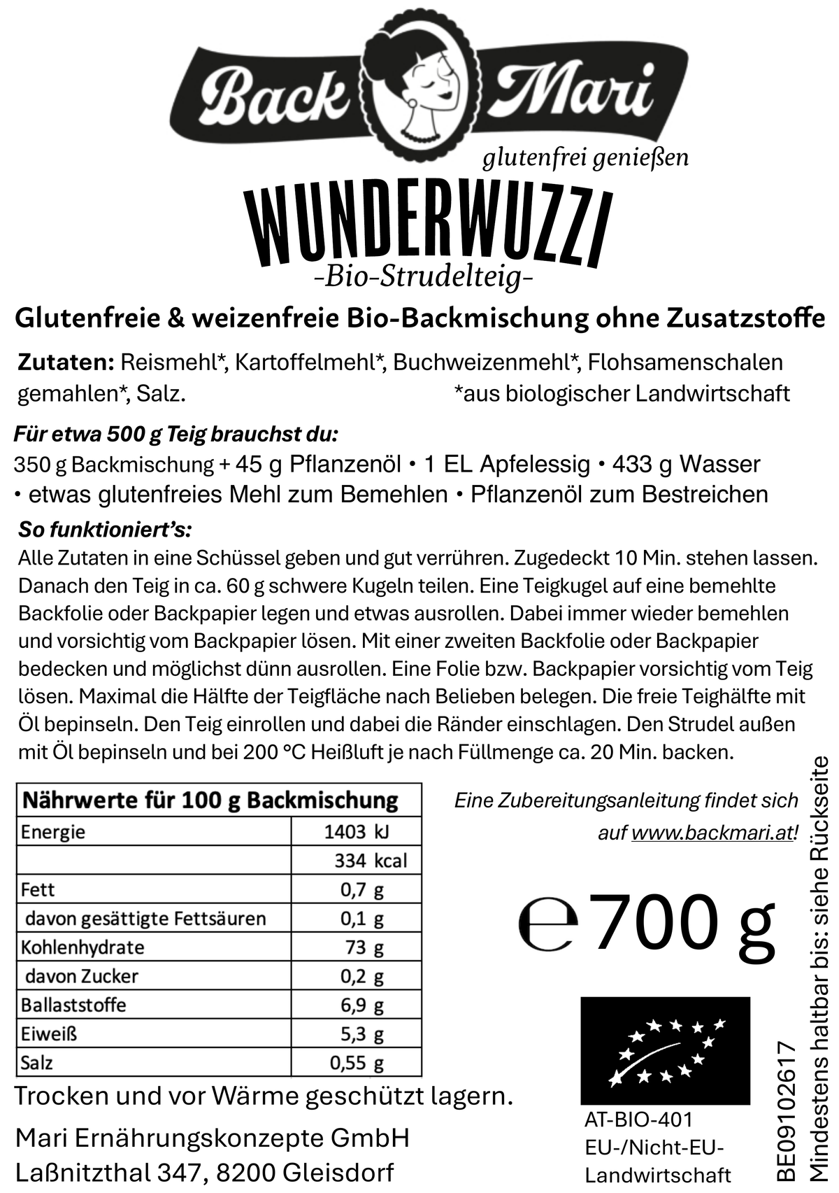 Backmari WUNDERWUZZI - glutenfreie Bio-Backmischung Strudelteig, 4x700g