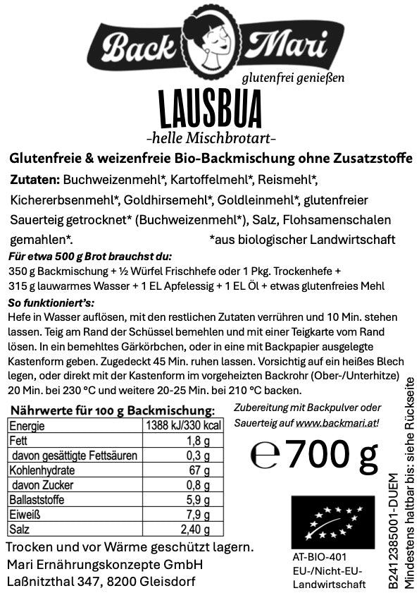 Backmari LAUSBUA - glutenfreie Brot-Backmischung, 2x700g