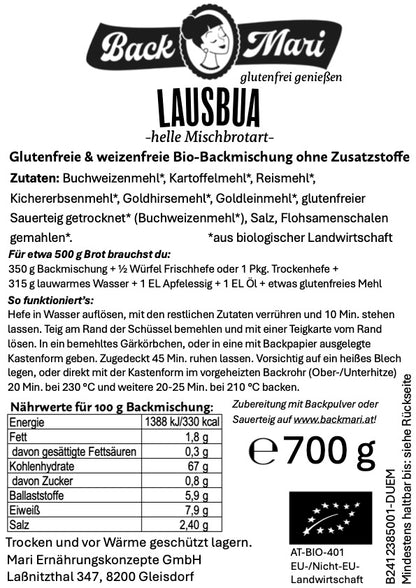 Backmari LAUSBUA - glutenfreie Brot-Backmischung, 2x700g