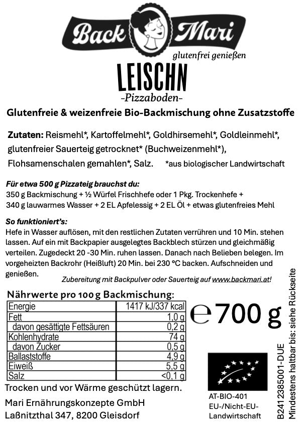 Backmari LEISCHN - glutenfreie Bio Pizzateig Backmischung, 2x700g
